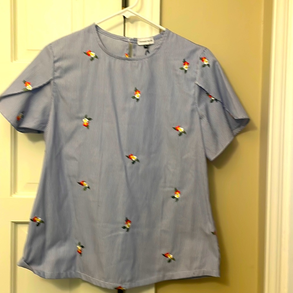Limited collection from J.Margaret Weaver, blue pinstripe w/ embroidered flowers
